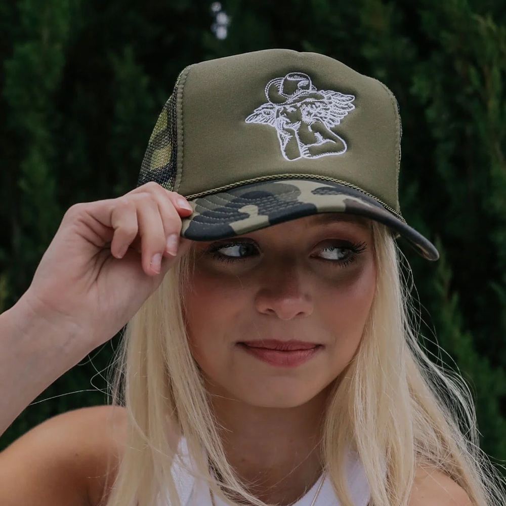charlie southern angel cowboy camo trucker hat